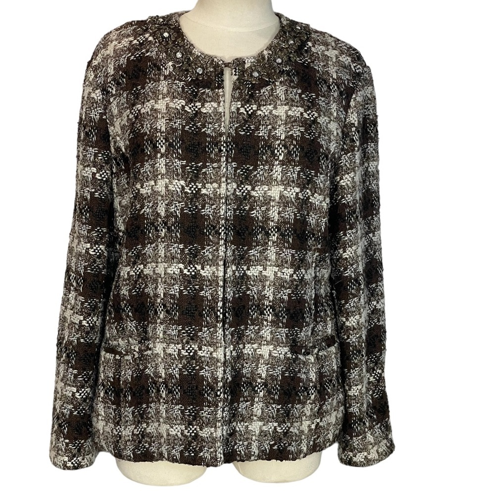 Chicos Brown Black Ivory Plaid Boucle Beaded Neckline Blazer Jacket Sz 2 M/L